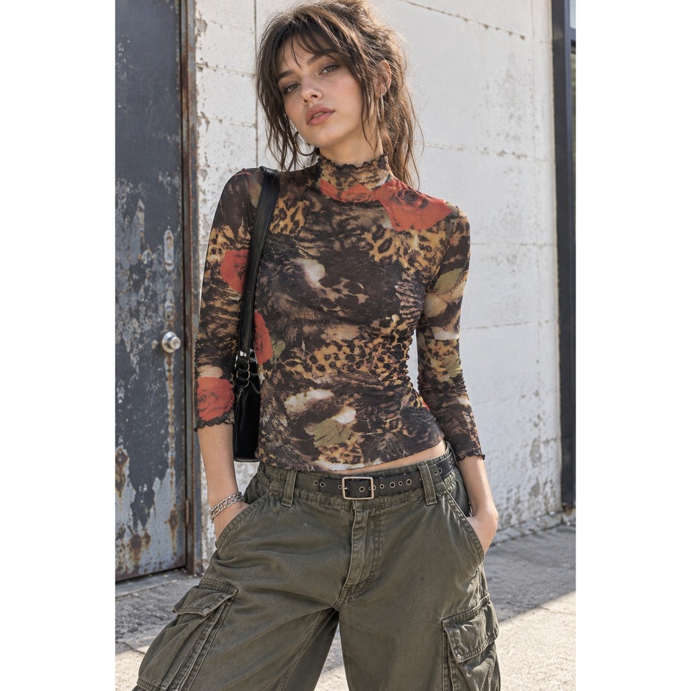 Nulle Part Ailleurs Vintage 90s Y2K Sheer Mesh Leopard Rose Mock Neck Top XS